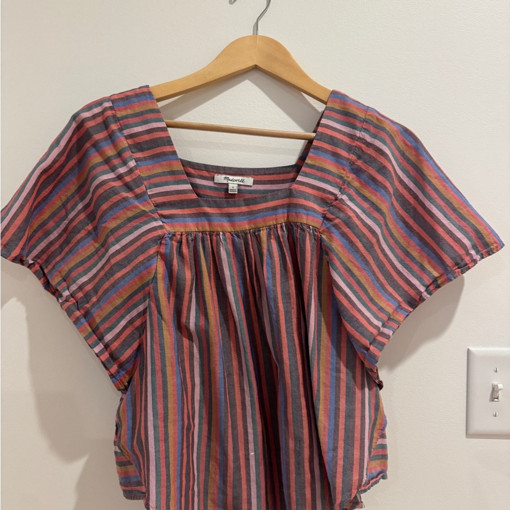 Madewell Red and Blue Flutter Sleeve Blouse